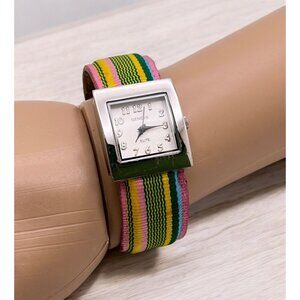 Geneva Elite Womens Watch Rainbow Cuff Bracelet Colorful Striped Fabric Band